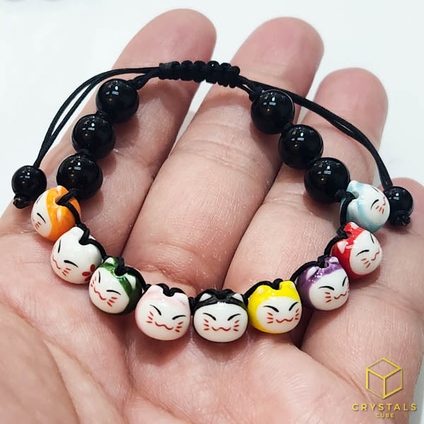 9 Cat bead Bracelet - Blue Chalcedony Pink Chalcedony & Onyx