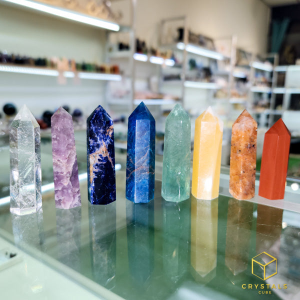Chakra Crystal Point Set - Clear Quartz, Lepidolite, Sodalite, Apatite, Green Fluorite, Yellow Jade, Orange Calcite & Red Jasper