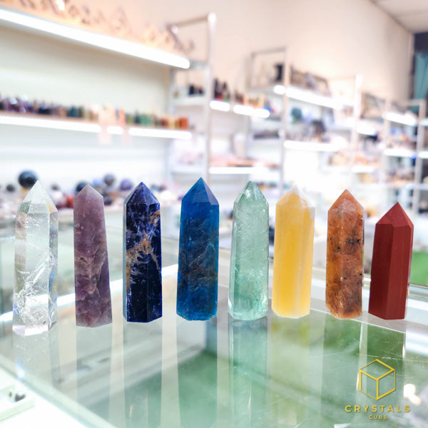 Chakra Crystal Point Set - Clear Quartz, Lepidolite, Sodalite, Apatite, Green Fluorite, Yellow Jade, Orange Calcite & Red Jasper