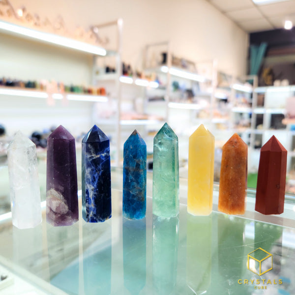 Chakra Crystal Point Set - Clear Quartz, Lepidolite, Sodalite, Apatite, Green Fluorite, Yellow Jade, Orange Calcite & Red Jasper
