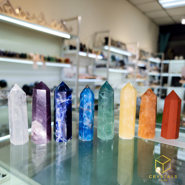 Chakra Crystal Point Set - Clear Quartz, Lepidolite, Sodalite, Apatite, Green Fluorite, Yellow Jade, Orange Calcite & Red Jasper