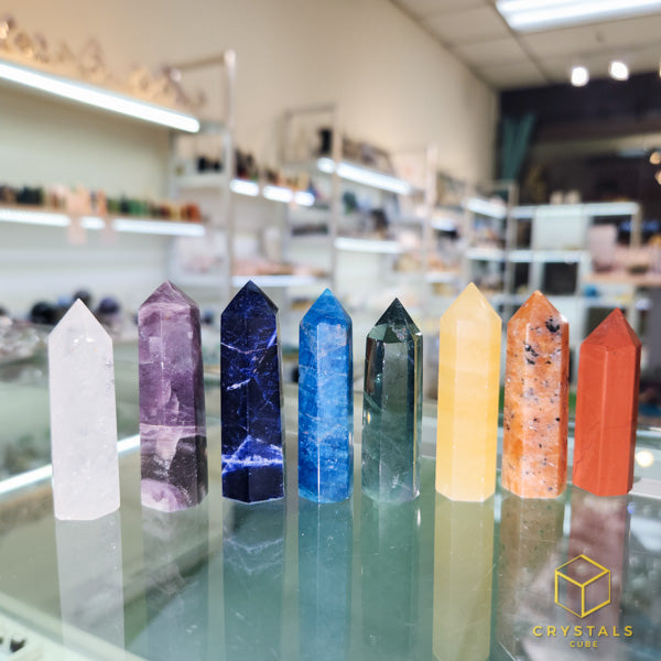 Chakra Crystal Point Set - Clear Quartz, Lepidolite, Sodalite, Apatite, Green Fluorite, Yellow Jade, Orange Calcite & Red Jasper