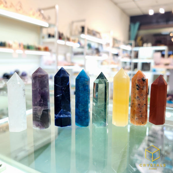 Chakra Crystal Point Set - Clear Quartz, Lepidolite, Sodalite, Apatite, Green Fluorite, Yellow Jade, Orange Calcite & Red Jasper