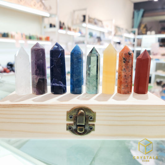Chakra Crystal Point Set - Clear Quartz, Lepidolite, Sodalite, Apatite, Green Fluorite, Yellow Jade, Orange Calcite & Red Jasper