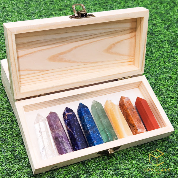 Chakra Crystal Point Set - Clear Quartz, Lepidolite, Sodalite, Apatite, Green Fluorite, Yellow Jade, Orange Calcite & Red Jasper