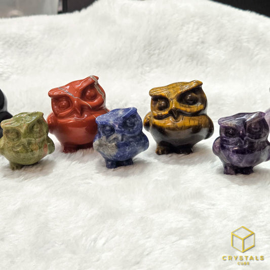 Crystal Owl - Clear Quartz, Amethyst, Sodalite,  Unakite, Tiger's Eye, Red Jasper & Black Obsidian