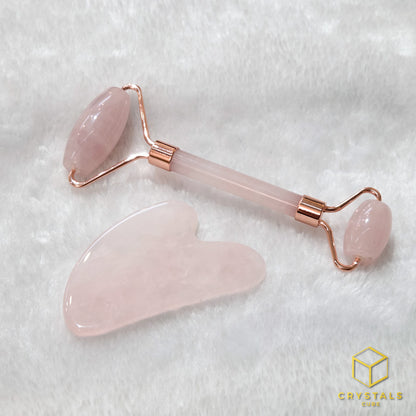 Rose Quartz Facial Massage - Facial Roller & Gua Sha Plate (with gift box)