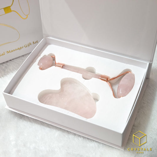 Rose Quartz Facial Massage - Facial Roller & Gua Sha Plate (with gift box)