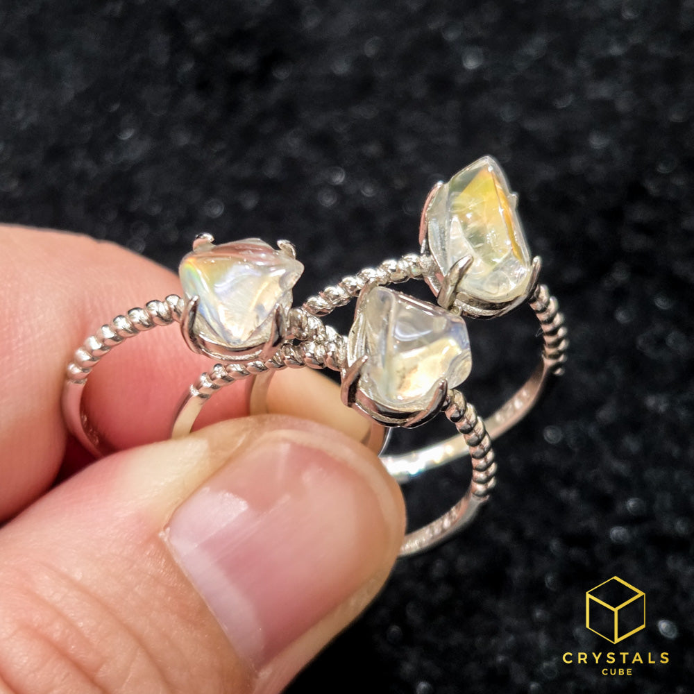 Madagascar Rainbow Moonstone 925 Silver Ring - Adjustable