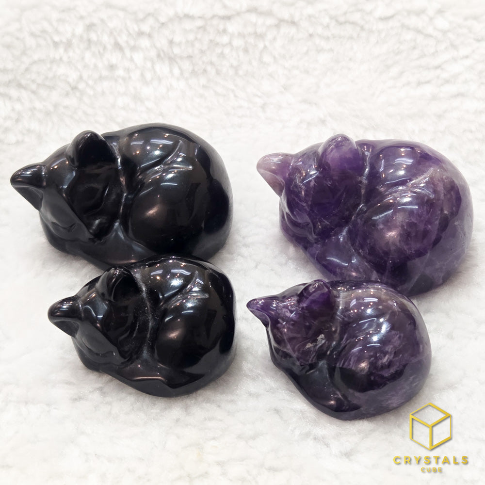 Crystal Sleeping Cat - Amethyst, Labradorite, Sodalite, Rose Quartz, Green Aventurine, Que Sera, Tiger's Eye, Mahogany Obsidian, Carnelian, Red Jasper, Black Obsidian & Arfvedsonite Garnet