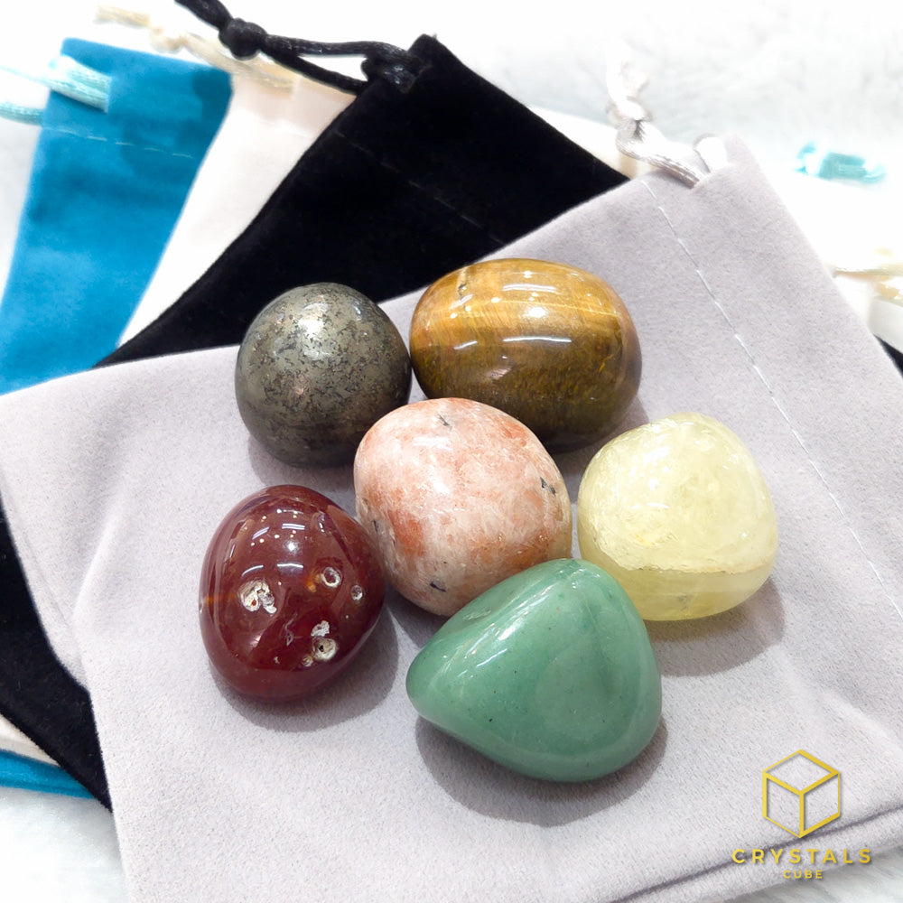 ENCHANTED Lucky Crystal Pouch - Green Aventurine, Citrine, Tiger's Eye, Pyrite, Sunstone & Carnelian