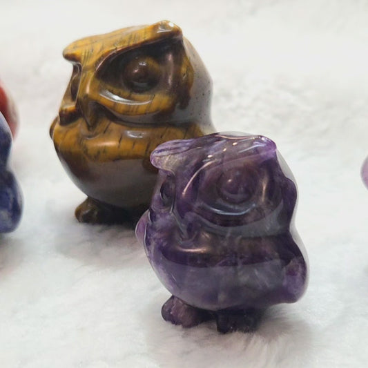 Crystal Owl - Clear Quartz, Amethyst, Sodalite,  Unakite, Tiger's Eye, Red Jasper & Black Obsidian